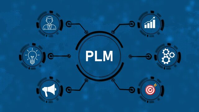 Product Lifecycle Management PLM Concept with Digital Network Connections, Product Development Process, Engineering Workflow, Data Management and Industrial Technology Infographic