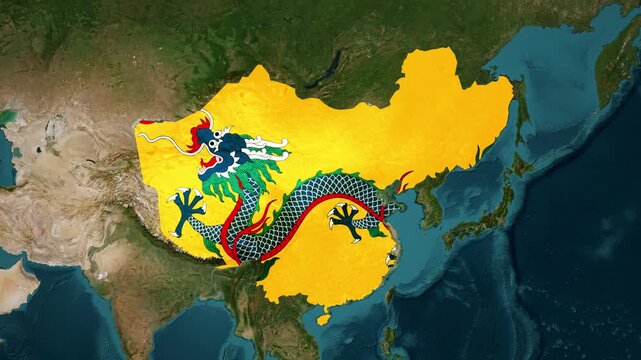 Qing Empire Map Animation. Historical map animation Flag of the Qing Empire. 4k.