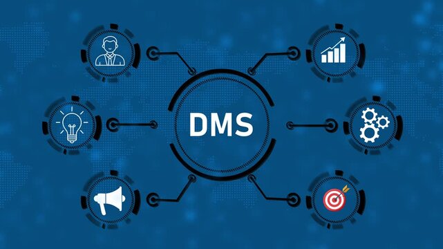 Document Management System DMS Concept with Digital Network Connections, File Storage, Data Organization, Workflow Automation, Security and Cloud Technology Infographic