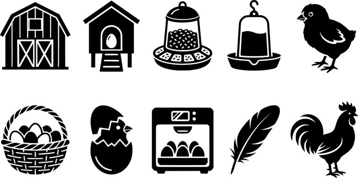 Comprehensive collection of poultry farm and egg production related icons, ideal for educational materials, agricultural business branding, or rustic design applications