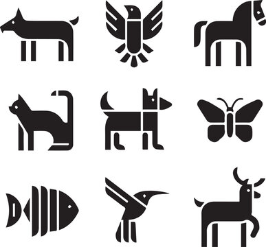 Geometric mono line animal set, black shapes on clean white minimalist background. Print.