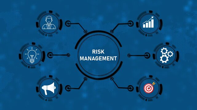 Risk Management Concept with Digital Network Connections, Business Risk Control System, Compliance, Analysis, Process Monitoring and Strategy Infographic on Blue Technology Background