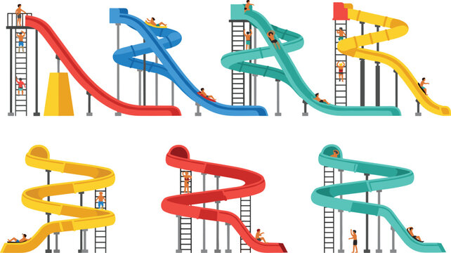 Water slide vector collection featuring colorful spiral slides with people, pool attractions and summer recreation elements in modern flat design style