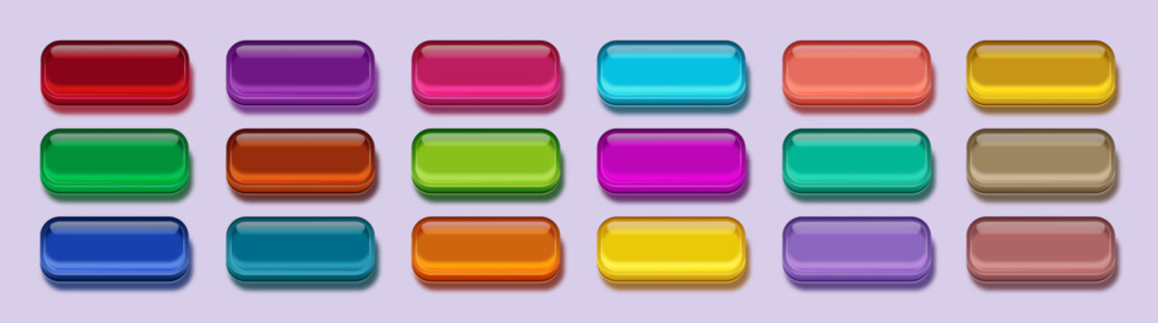 Glossy Glass UI Button Set with Vibrant 3D Gradients and Crystal Texture, Editable AI file