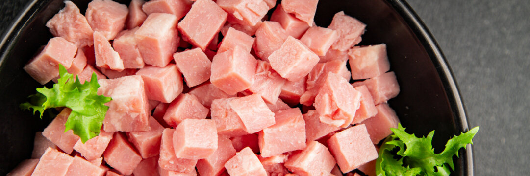 Ham cube shape pork meat tasty snack fresh, delicious, gourmet food background on the table, rustic food, top view, copy space