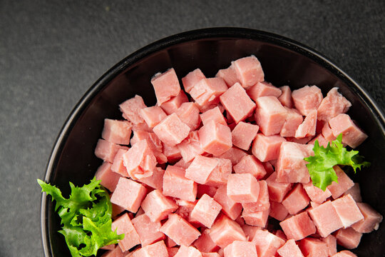Ham cube shape pork meat tasty snack fresh, delicious, gourmet food background on the table, rustic food, top view, copy space