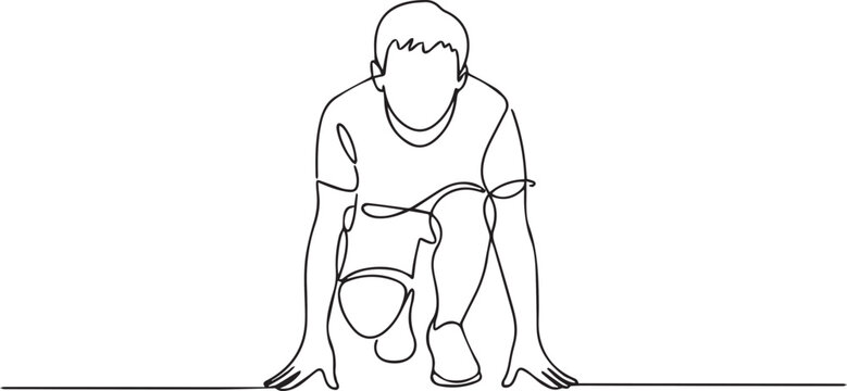 Continuous line drawing of a man in a sprinting position on white background