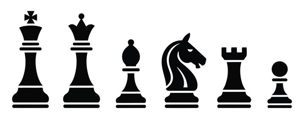 Chess icon set, modern flat and outline style icons representing chess pieces and board strategy, minimal design © Elizabeth Profit