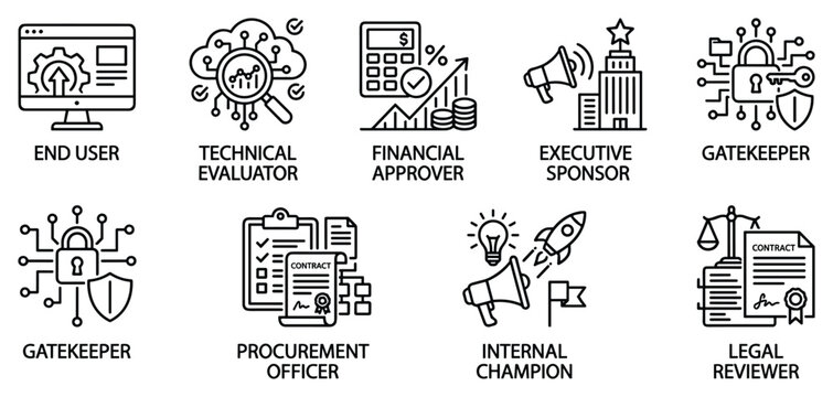 End user technical evaluator financial approver executive sponsor gatekeeper role icons vector.