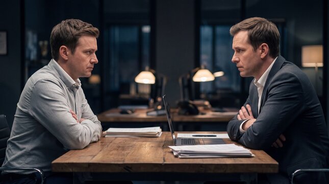 Two serious male professionals engaged in a focused business meeting or confrontational interview across a modern office desk.
