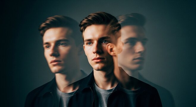 Young man with multiple exposure effect showing motion and personality