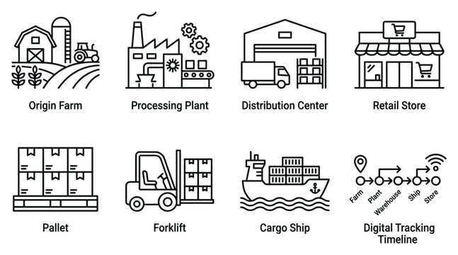 Farm to retail: origin farm, processing, distribution, retail, pallet, forklift, cargo.
