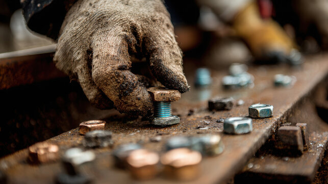 A gloved hand tightening a rusty bolt on a metal beam with scattered nuts