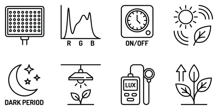 Hydroponic system lighting and plant growth icons: LED spectrum timer day night lux meter.