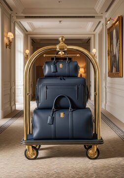 Stack of dark blue luxury leather luggage sits on a golden hotel bellman trolley in a hallway.
