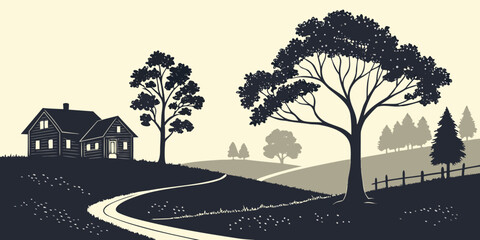 Rolling hills pastoral landscape with traditional cottage and lush trees landscape pastoral countryside building peaceful illustration background environment vegetation woodland panoramic © Rumi