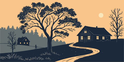 Sunset rural scene with a wooden cottage and winding country path landscape countryside twilight pastoral homestead silhouette illustration peaceful environment vegetation background © Rumi