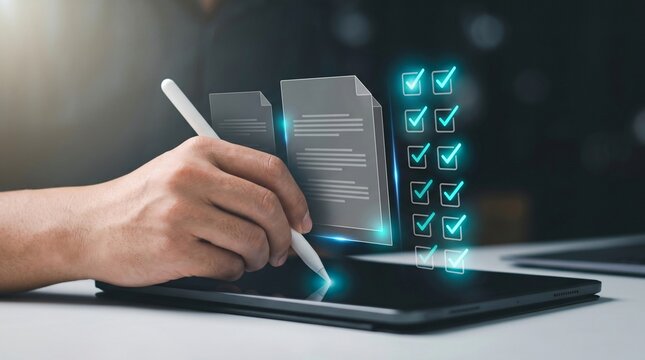 Digital document signing and electronic checklist concept, businessman using stylus pen on tablet to complete tasks and sign contract