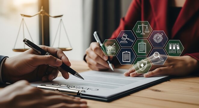 Lawyer and client signing legal document on wooden desk with law scales and