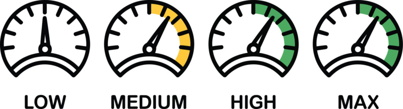 Analog speed level indicators set, dashboard gauge icons showing low medium high and max levels with infographic dials for power energy and performance measurement design.