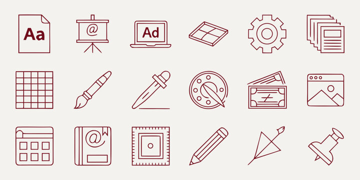 Set of modern line art icons for creative graphic design and digital projects with creative software business technology document presentation calendar geometry interface collection