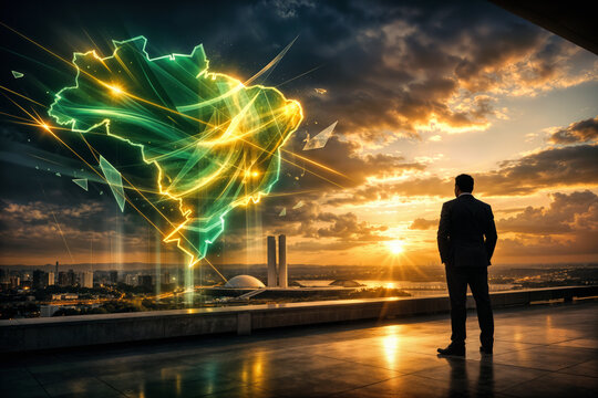 Future of Brazilian leadership concept image President Luiz Inacio Lula da Silva General Election 2026 holographic Brazil map balcony silhouette governance challenges