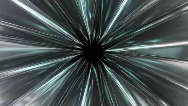 Abstract metallic silver tunnel with reflective pleated surfaces and black center hole futuristic background for technology and science fiction concept
