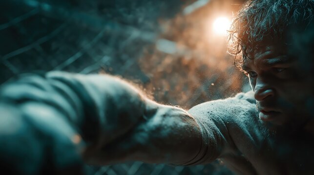A focused boxer throws a punch, sweat and particles illuminated by dramatic lighting in a gritty, intense training environment.