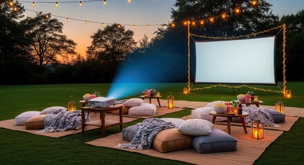 Fototapeta premium Outdoor cinema setup features a large blank projection screen arranged with comfortable floor cushions and blankets on a grassy lawn at dusk.