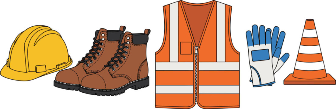 Vector illustration set of essential construction site safety equipment including hard hat work boots high visibility vest gloves and traffic cone.eps