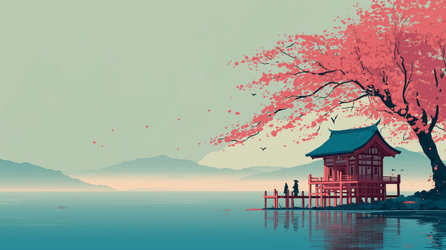 hero illustration japan landscape sakura copy space minimal editorial