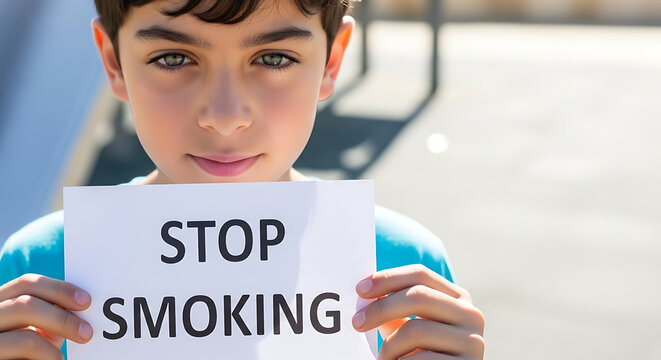 Close up portrait of young boy holding paper sign stop smoking to protect children health and future generation during social campaign cinematic shot soft sunlight outdoor realistic photography.