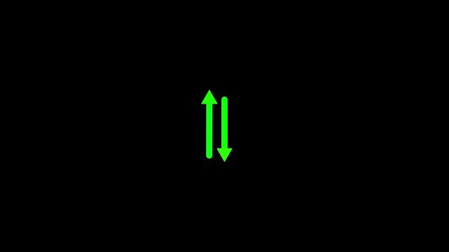 Animated glowing green and white up-down arrows on black background, data transfer concept.