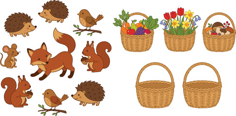 Obraz premium Whimsical woodland creatures and woven baskets with seasonal contents