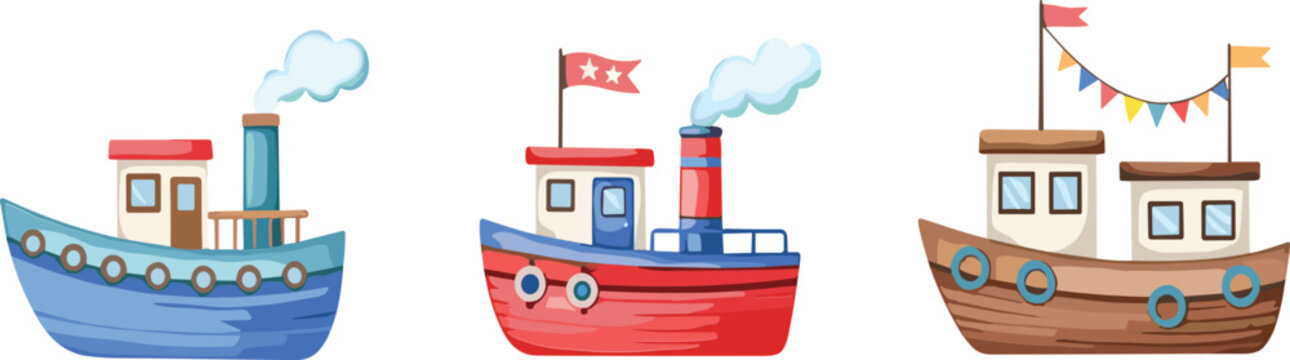 Cute cartoon boats vector set featuring fishing and sailing ships with flags, colorful marine transport illustrations for kids nautical design and ocean theme collection