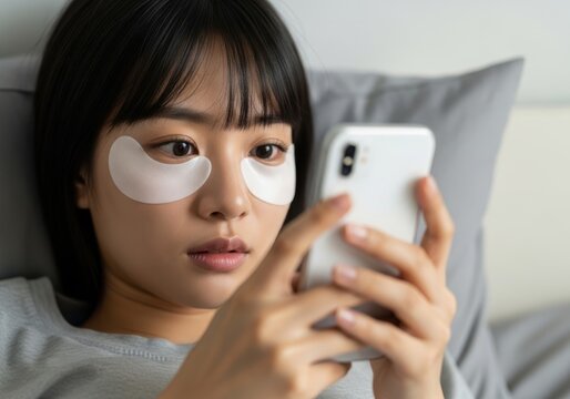 Woman lying on bed with eye patches and using a smartphone