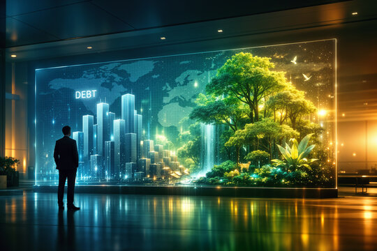 Debt-to-nature swaps holographic display transforming sovereign debt pillars into bioluminescent forest ecosystem with world map climate finance IMF World Bank sustainability