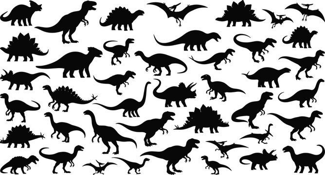 Dinosaur Silhouettes Icon Set Featuring Various Prehistoric Creatures for Fossil, Extinct Species, and Nature Concepts