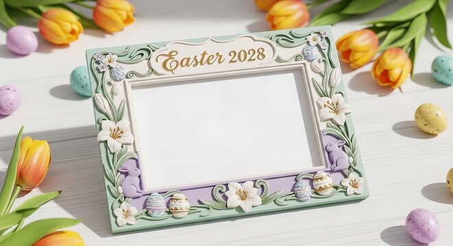 Easter 2024 photo frame decorated with tulips and daffodils holiday decor home decor table centerpiece decoration daffodils celebration religious keepsake occasion