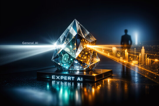 Expert AI glass prism splitting General AI light into Medical AI emerald stream and Legal Tech amber stream DSLM specialized intelligence domain specific machine learning visualization