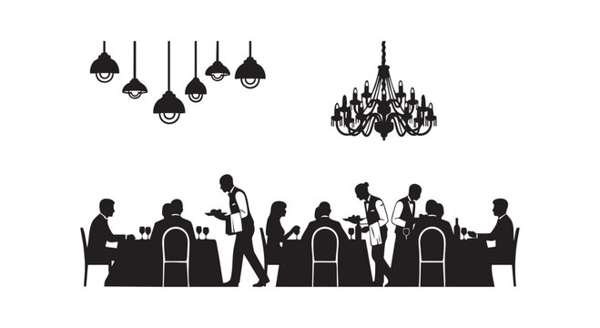 Restaurant people serving and eating silhouette vector illustration, classy dinner event with chandeliers and lamps.
