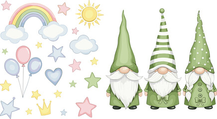 Cute gnome and nursery elements vector set featuring pastel rainbow, clouds, stars, balloons and sun, whimsical baby design collection for kids decor and illustration © Sumon Creative