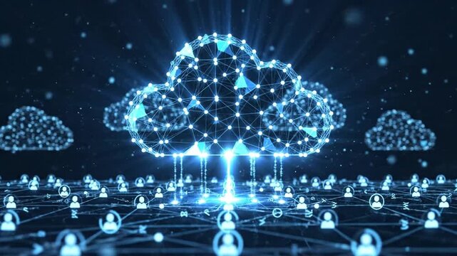 A futuristic video representation of a cloud computing network with glowing blue nodes and connections