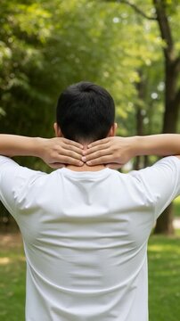 Person Massaging Back of Neck in Park