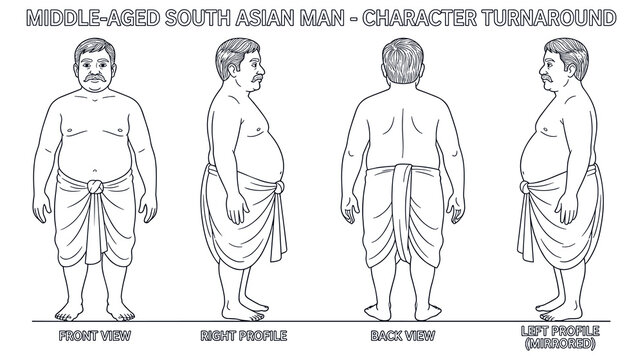 Middle aged south asian man character turnaround showing body profile.