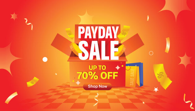 Payday Sale banner with a gift box, gold coins, and shopping bags on an orange-red gradient background. Ideal for e-commerce promotions and sales campaigns.