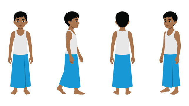 Young indian boy character set wearing white tank top and blue wrap.