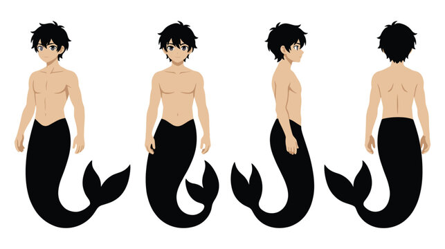 Merman character creator set with black fish tail for fantasy story.