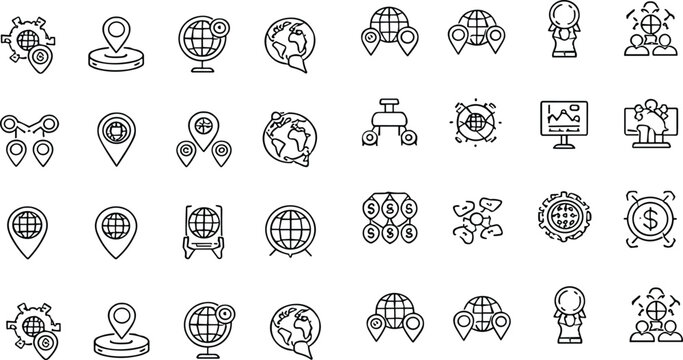 Global navigation and location line icons vector set featuring maps, pins, globe, logistics and tracking symbols, minimal outline design collection for business and technology