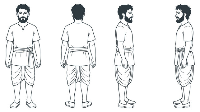 Man in kurta dhoti front back and side view.